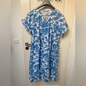 Blue Floral Lace-Up V-Neck Dress